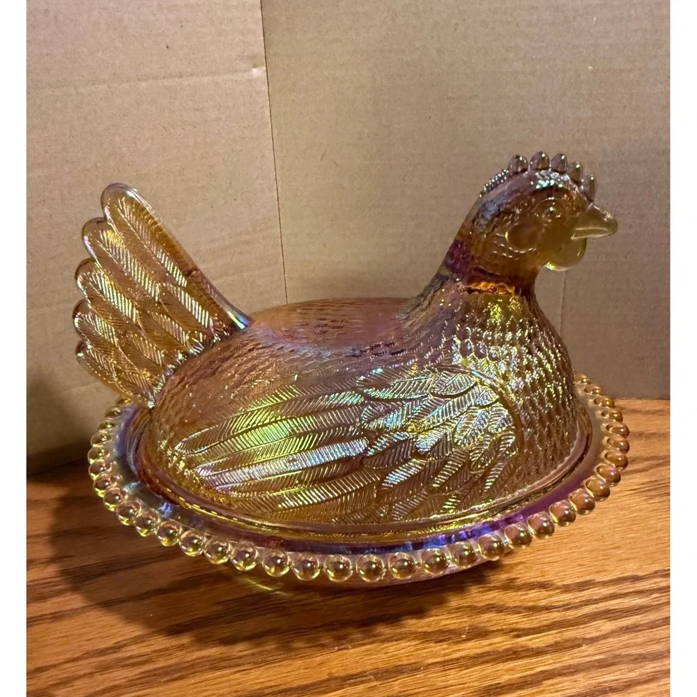 Vintage Indiana Amber Carnival Glass Hen On Nest Iridescent 7